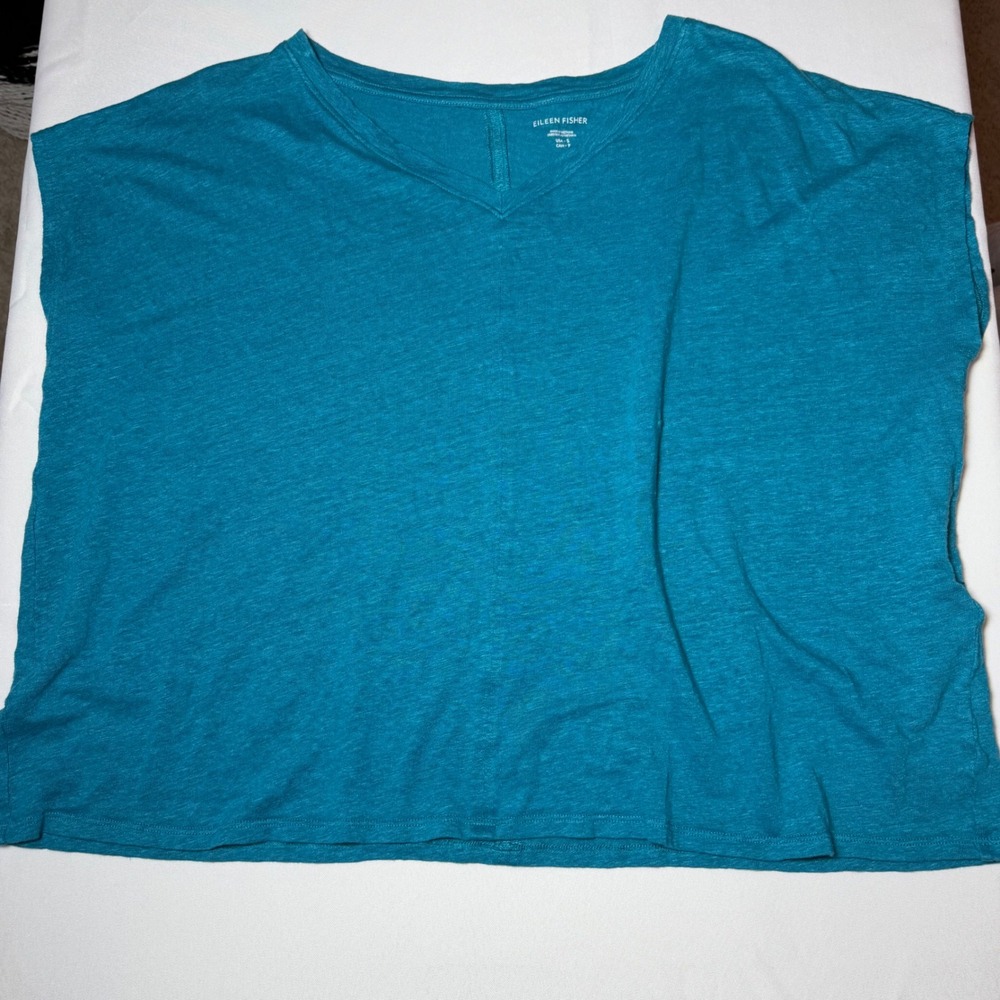 Eileen Fisher Organic Linen V-Neck Boxy Top Teal Blue Small RN78121